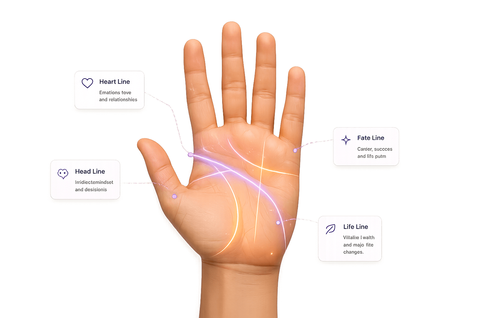 An AI-analyzed palm with the heart, head, fate, and life lines highlighted and labeled
